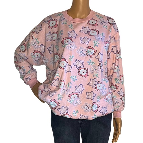 Vintage 80s 90s Pink Geometric Floral Sweatshirt Size Small - Picture 1 of 7